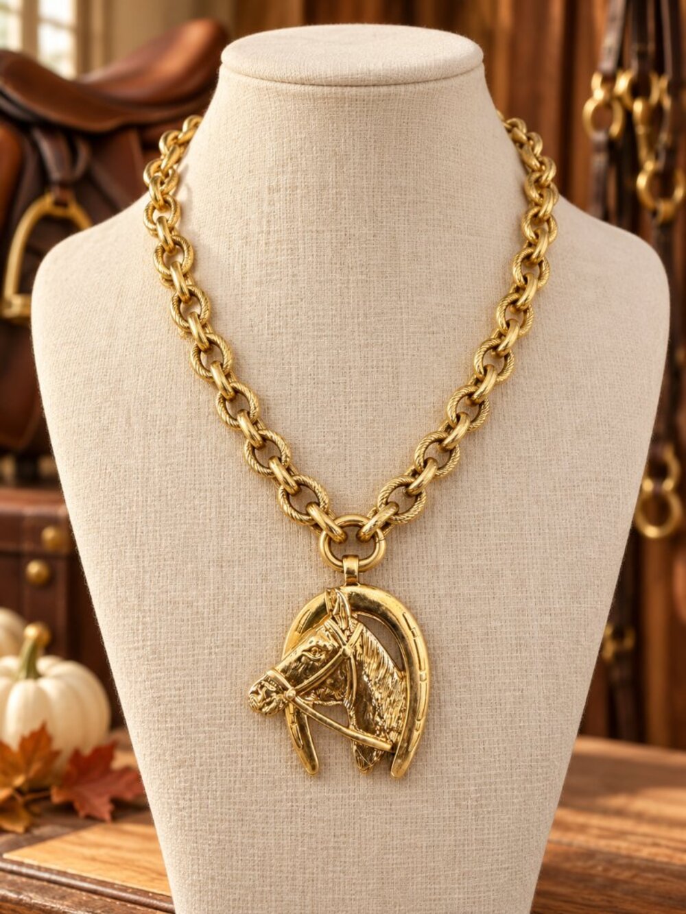 Gold Horse Head Horseshoe Necklace, Equestrian Statement Jewelry, Chunky Chain